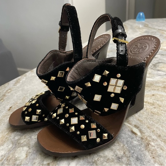 Tory Burch Kingsbridge Black Velvet Studded Wedge Sandals - Picture 1 of 14